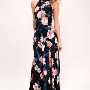 Black Floral Print Halter Maxi Dress
